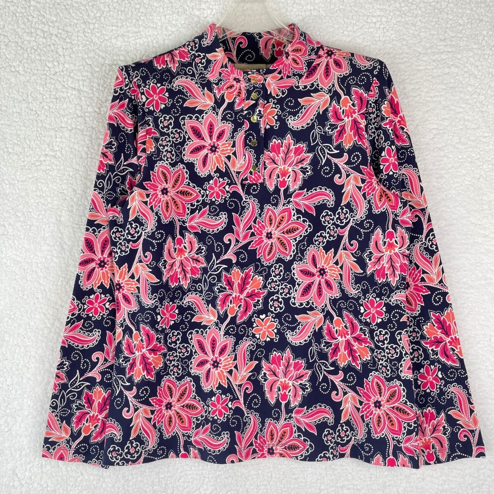 Appleseeds Womens Size M Pink Navy Floral Paisley Mock Neck Henley Top NWOT